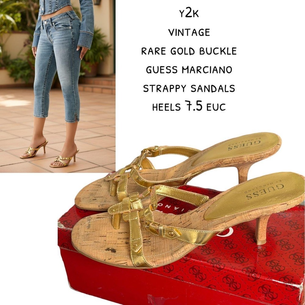 RARE Y2K VINTAGE GUESS‎ BY MARCIANO GOLD BUCKLE SANDALS 7.5